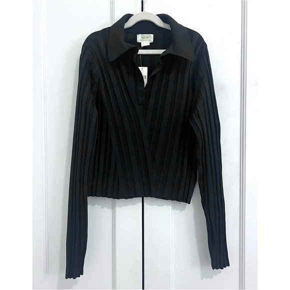 NWT Maeve Ribbed V Neck Long Sleeve Polo Collar Sweater in Black - Size S - Picture 2 of 6